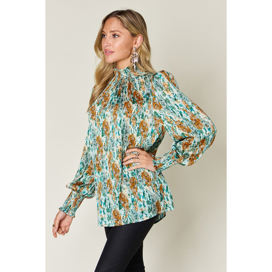 Double Take Full Size Printed Smocked Long Sleeve Blouse Apparel and Accessories