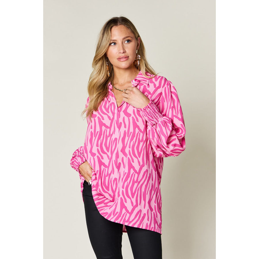 Double Take Full Size Printed Smocked Long Sleeve Blouse Deep Rose / S Apparel and Accessories