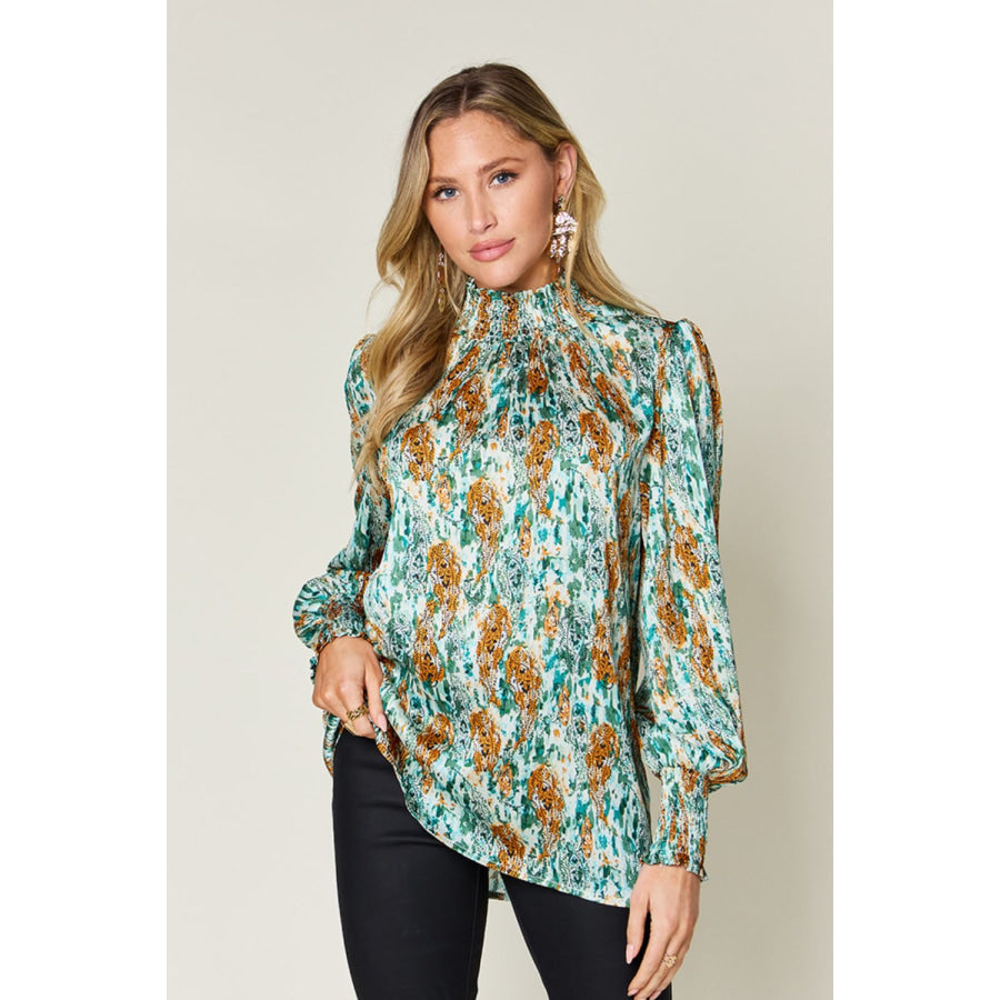 Double Take Full Size Printed Smocked Long Sleeve Blouse Green / S Apparel and Accessories