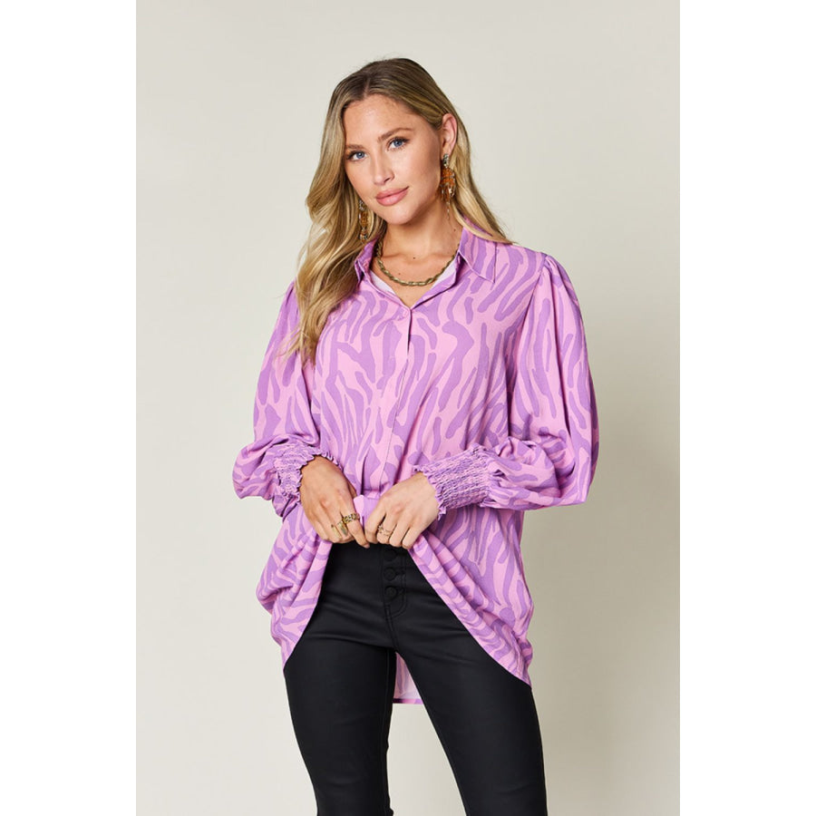 Double Take Full Size Printed Smocked Long Sleeve Blouse Lavender / S Apparel and Accessories