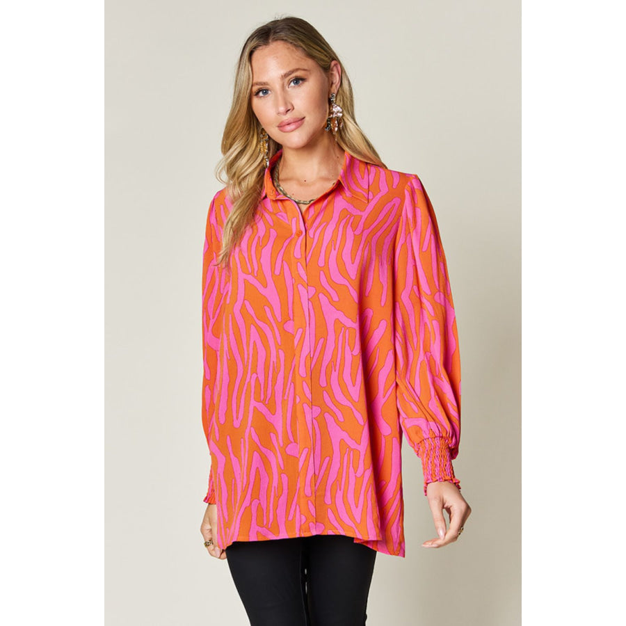 Double Take Full Size Printed Smocked Long Sleeve Blouse Orange / S Apparel and Accessories