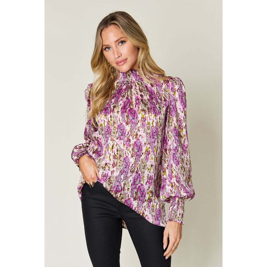 Double Take Full Size Printed Smocked Long Sleeve Blouse Red-Violet / S Apparel and Accessories