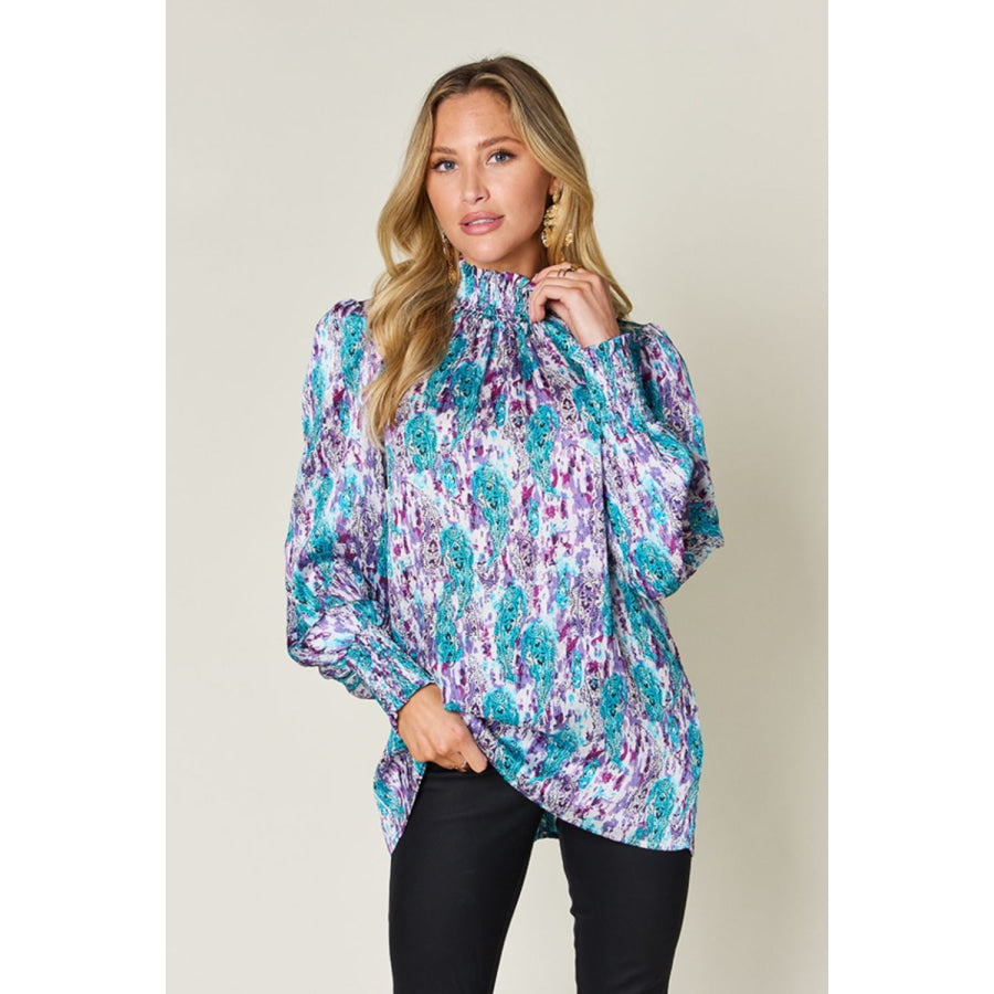 Double Take Full Size Printed Smocked Long Sleeve Blouse Sky Blue / S Apparel and Accessories