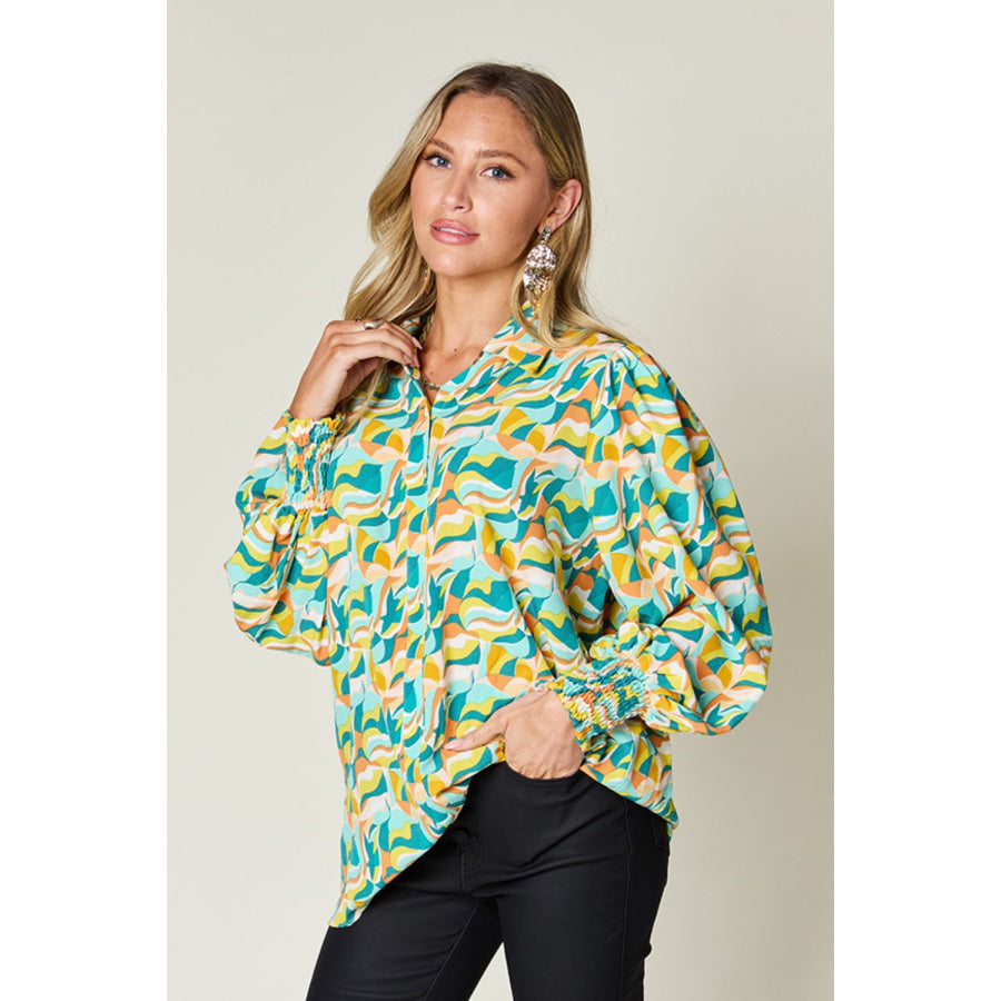 Double Take Full Size Printed Smocked Long Sleeve Blouse Teal / S Apparel and Accessories