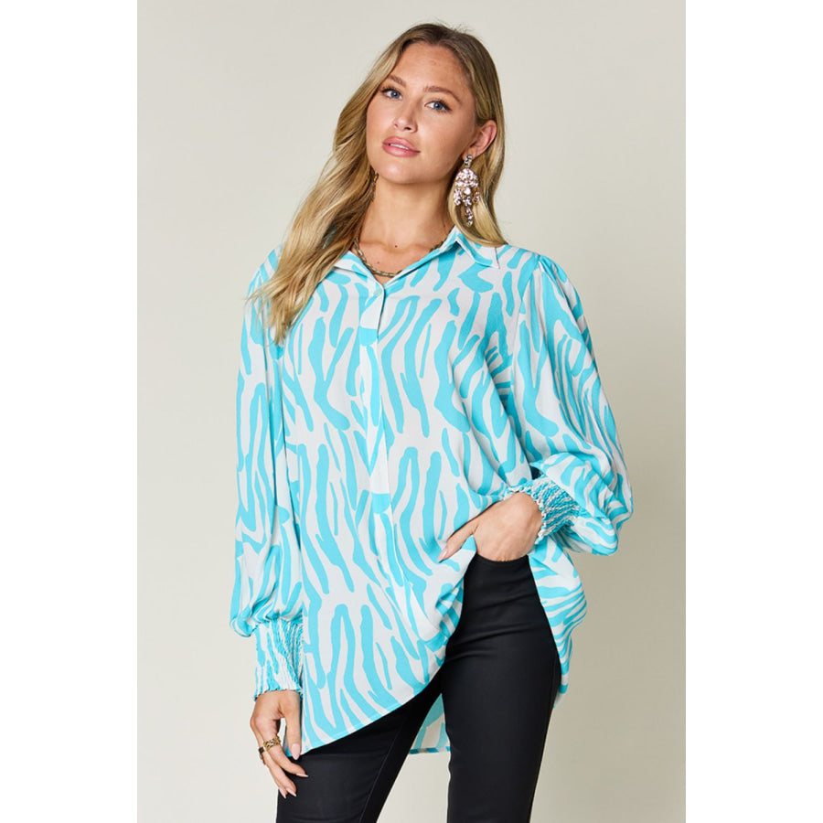Double Take Full Size Printed Smocked Long Sleeve Blouse Tiffany Blue / S Apparel and Accessories
