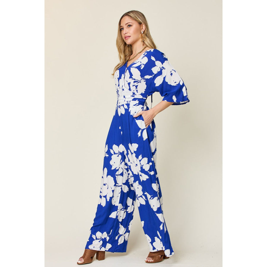 Double Take Full Size Printed Tie Back Wide Leg Jumpsuit Apparel and Accessories