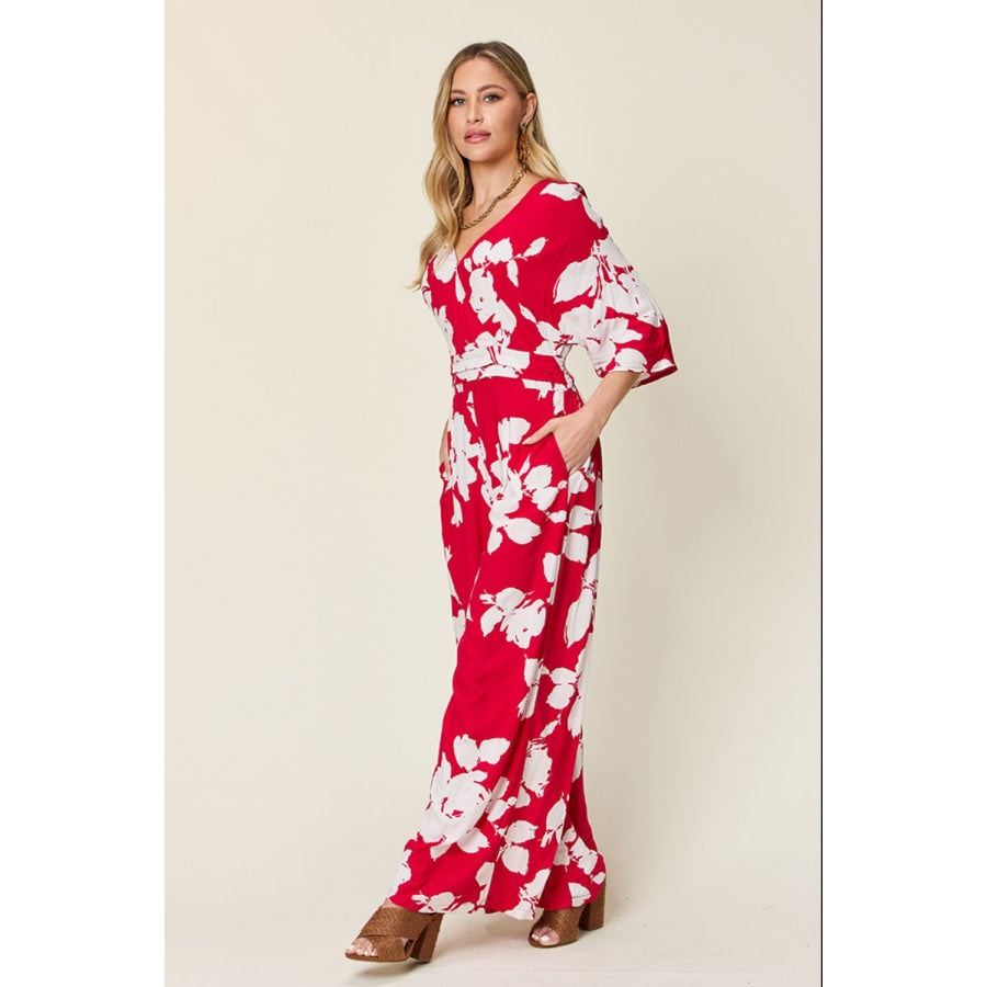 Double Take Full Size Printed Tie Back Wide Leg Jumpsuit Apparel and Accessories