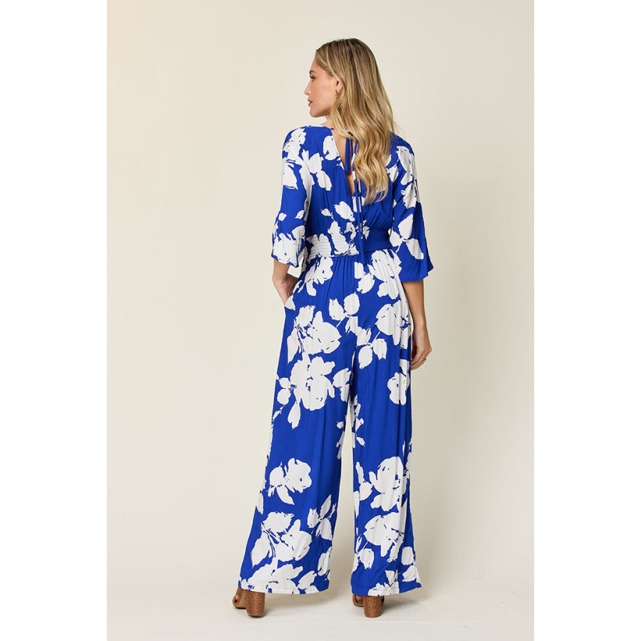 Double Take Full Size Printed Tie Back Wide Leg Jumpsuit Apparel and Accessories