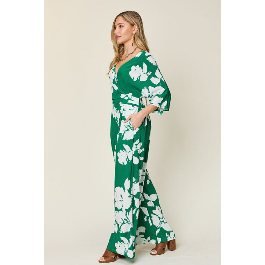 Double Take Full Size Printed Tie Back Wide Leg Jumpsuit Apparel and Accessories