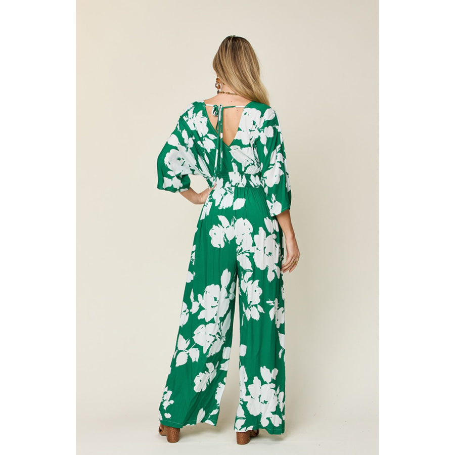 Double Take Full Size Printed Tie Back Wide Leg Jumpsuit Apparel and Accessories