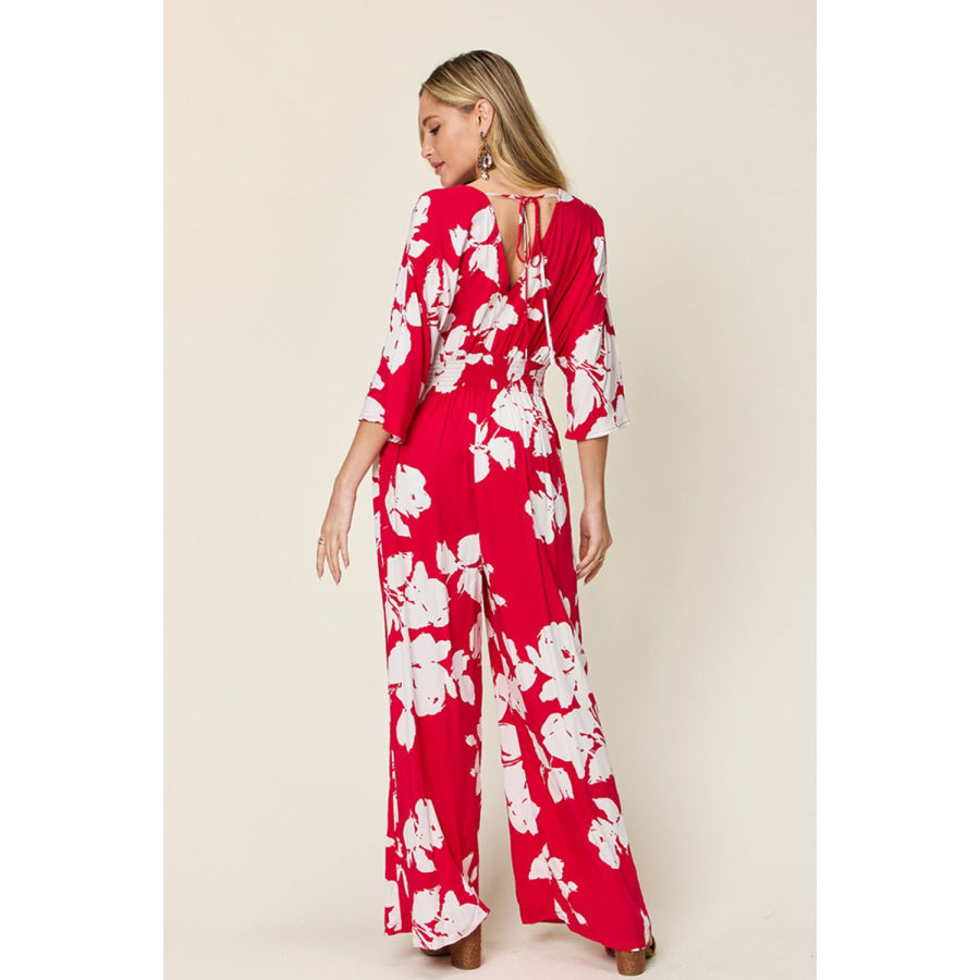 Double Take Full Size Printed Tie Back Wide Leg Jumpsuit Apparel and Accessories