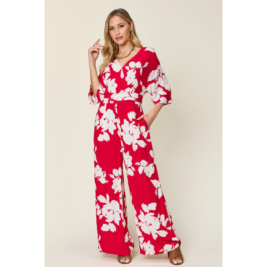 Double Take Full Size Printed Tie Back Wide Leg Jumpsuit Deep Rose / S Apparel and Accessories