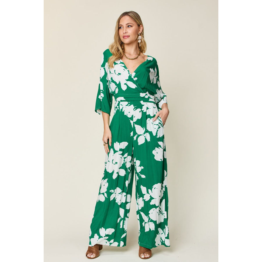 Double Take Full Size Printed Tie Back Wide Leg Jumpsuit Green / S Apparel and Accessories