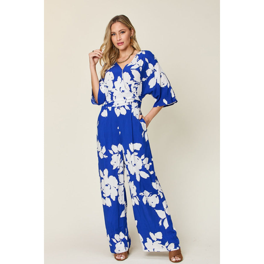 Double Take Full Size Printed Tie Back Wide Leg Jumpsuit Royal Blue / S Apparel and Accessories