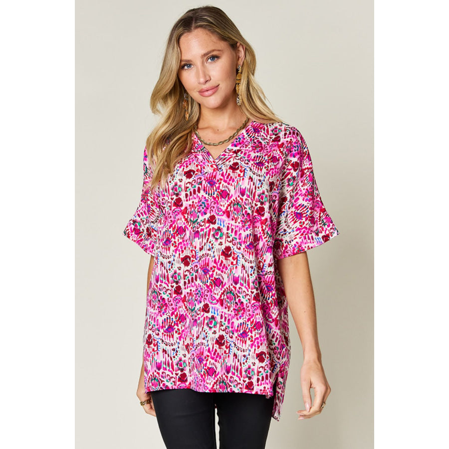 Double Take Full Size Printed V-Neck Short Sleeve Blouse Apparel and Accessories