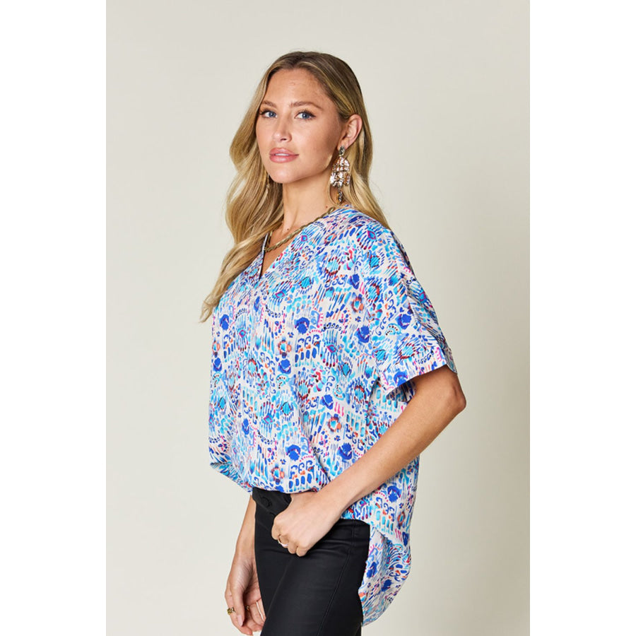 Double Take Full Size Printed V-Neck Short Sleeve Blouse Apparel and Accessories