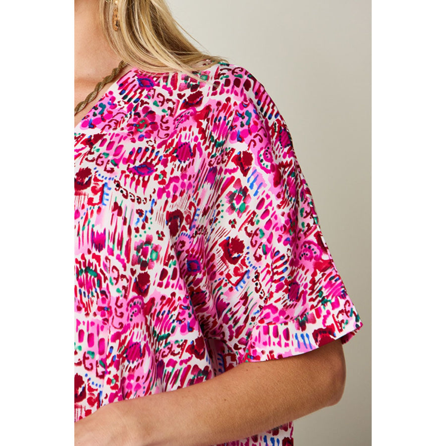 Double Take Full Size Printed V-Neck Short Sleeve Blouse Apparel and Accessories