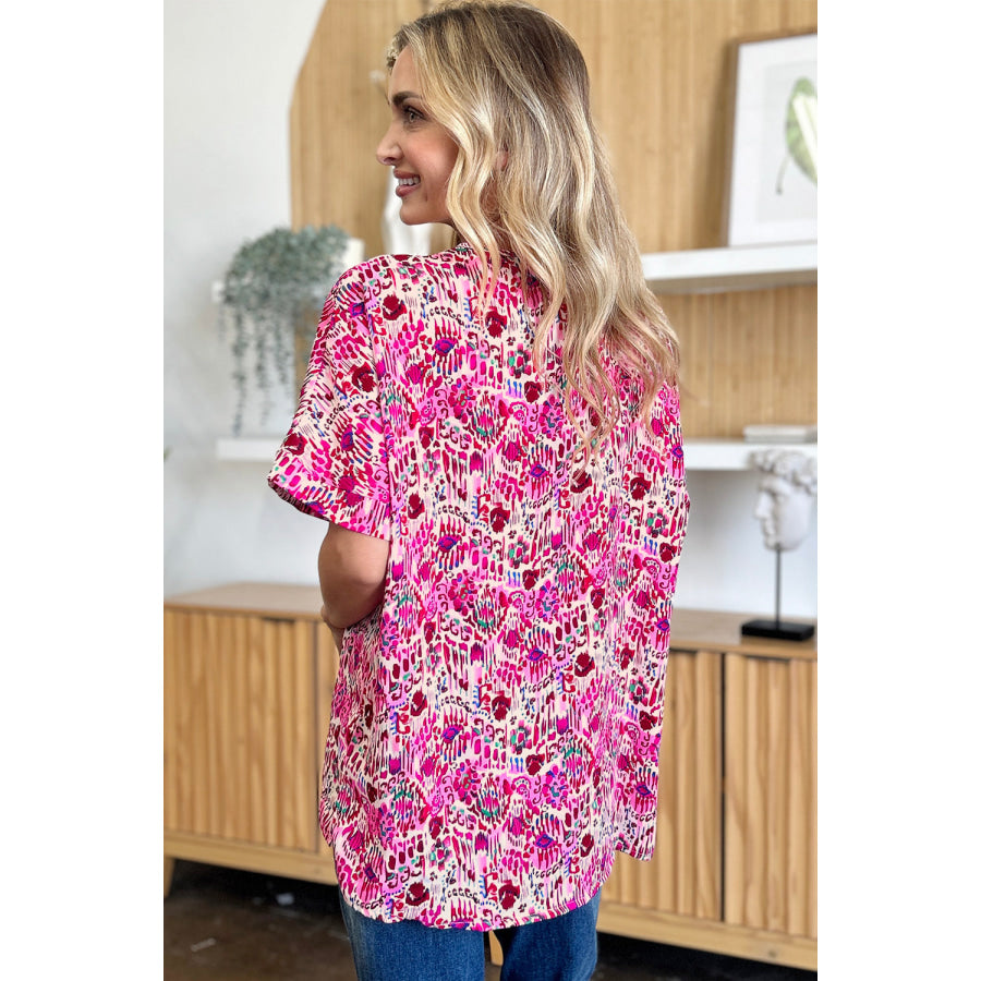 Double Take Full Size Printed V-Neck Short Sleeve Blouse Apparel and Accessories