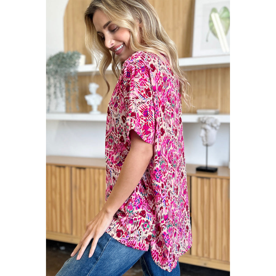 Double Take Full Size Printed V-Neck Short Sleeve Blouse Apparel and Accessories