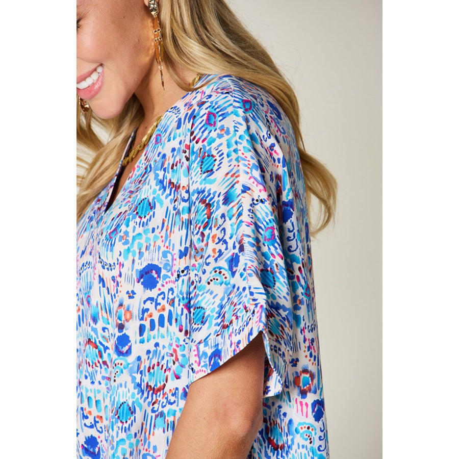 Double Take Full Size Printed V-Neck Short Sleeve Blouse Apparel and Accessories