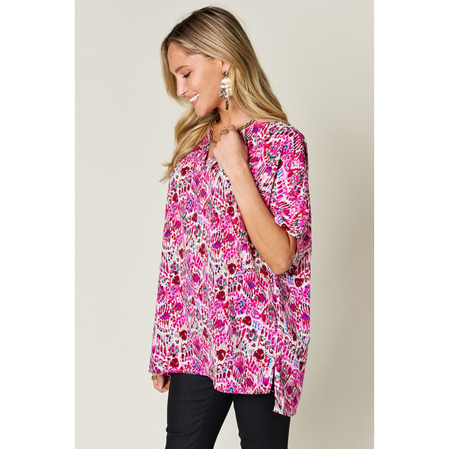 Double Take Full Size Printed V-Neck Short Sleeve Blouse Apparel and Accessories