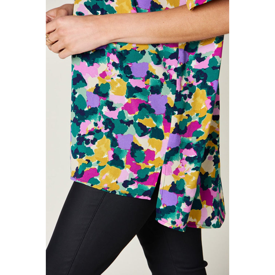 Double Take Full Size Printed V-Neck Short Sleeve Blouse Apparel and Accessories