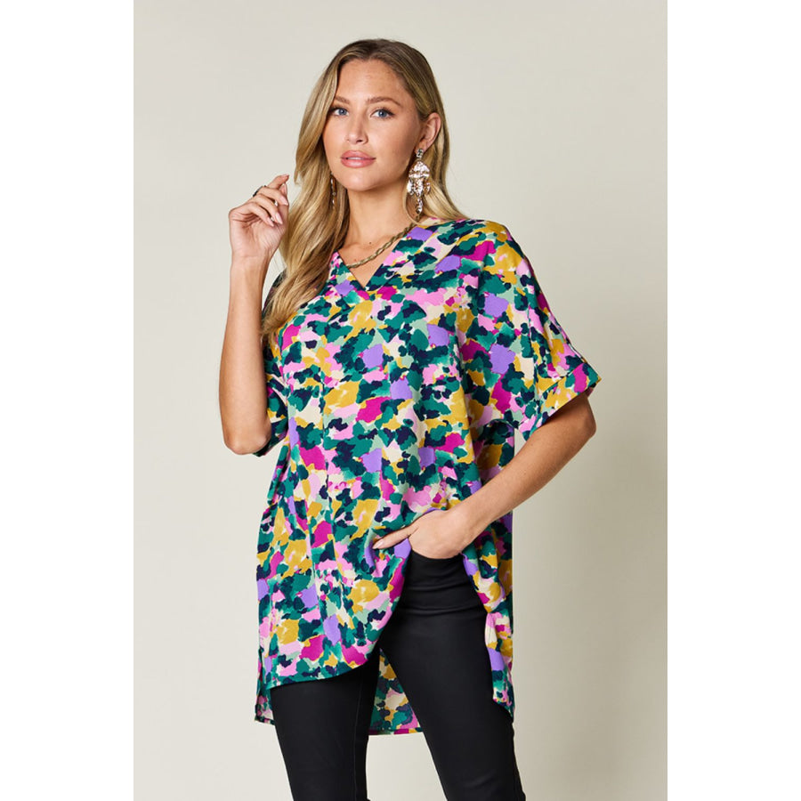 Double Take Full Size Printed V-Neck Short Sleeve Blouse Apparel and Accessories