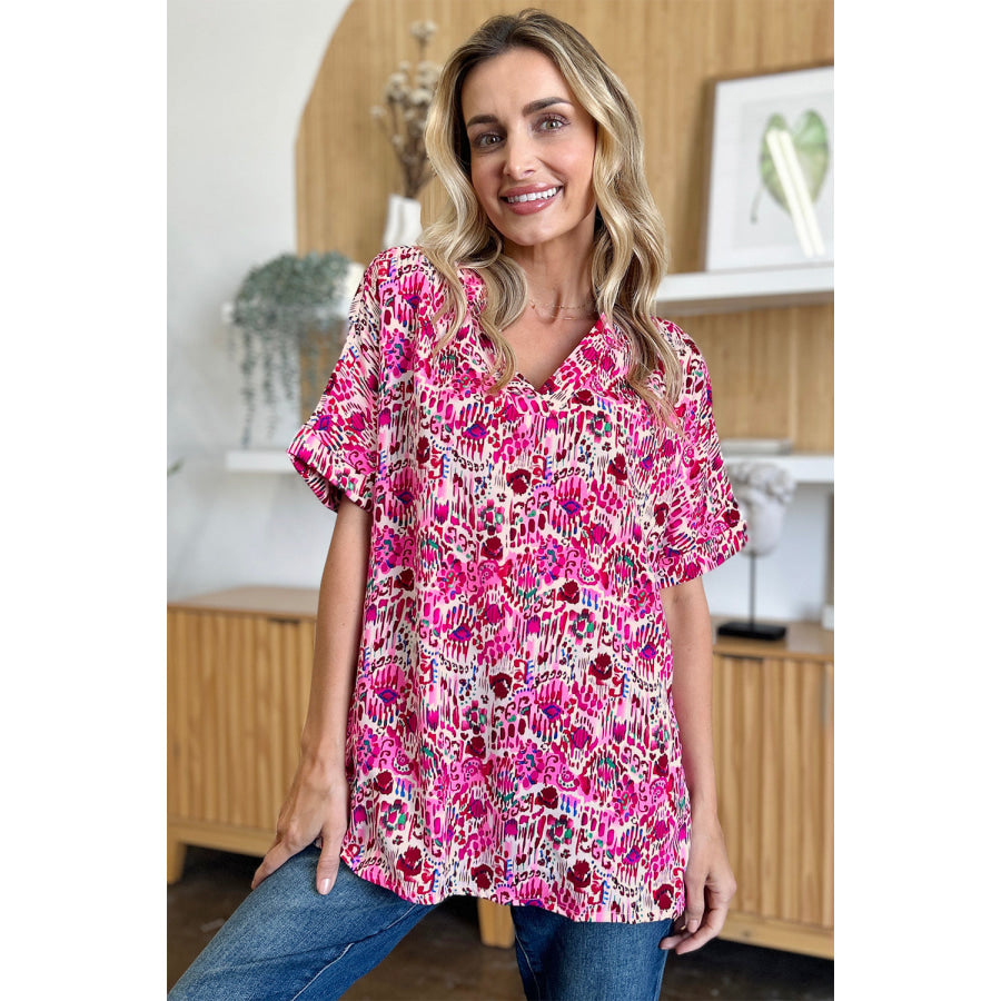 Double Take Full Size Printed V-Neck Short Sleeve Blouse Apparel and Accessories