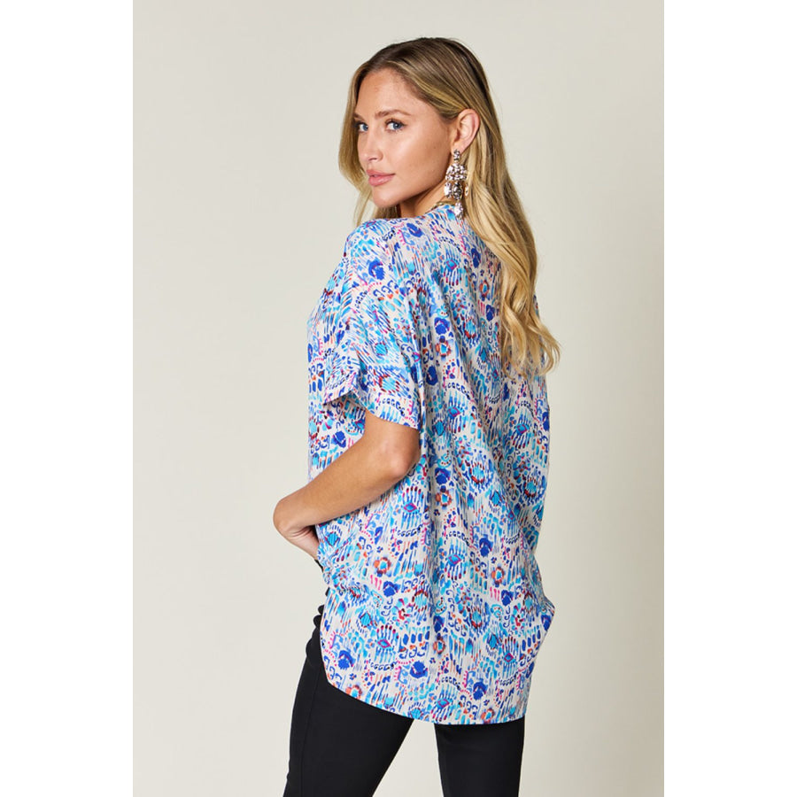 Double Take Full Size Printed V-Neck Short Sleeve Blouse Apparel and Accessories