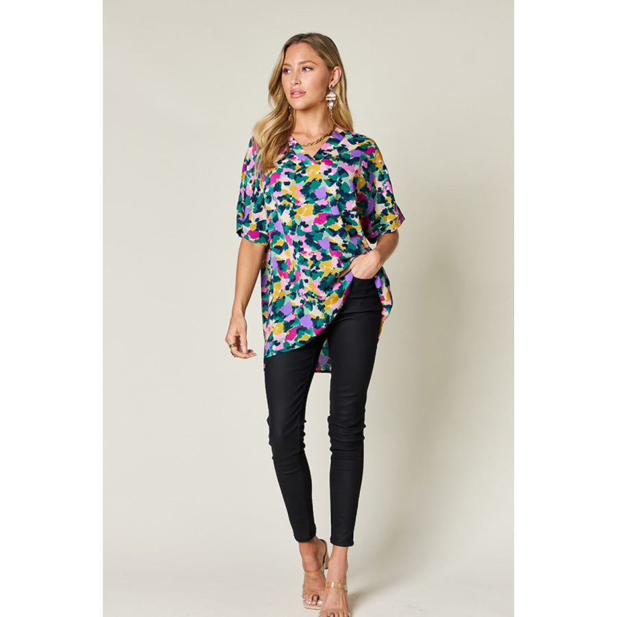 Double Take Full Size Printed V-Neck Short Sleeve Blouse Apparel and Accessories