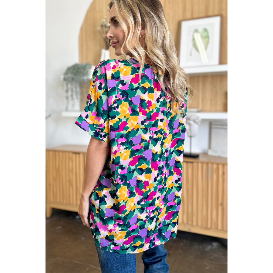 Double Take Full Size Printed V-Neck Short Sleeve Blouse Apparel and Accessories