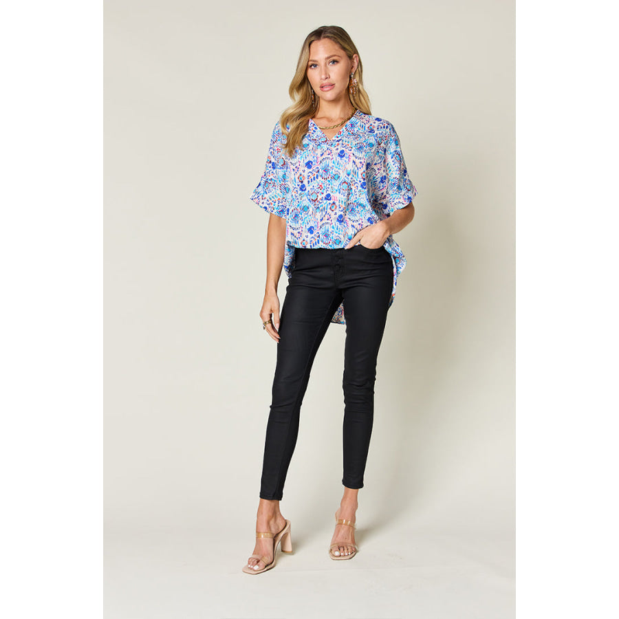 Double Take Full Size Printed V-Neck Short Sleeve Blouse Apparel and Accessories