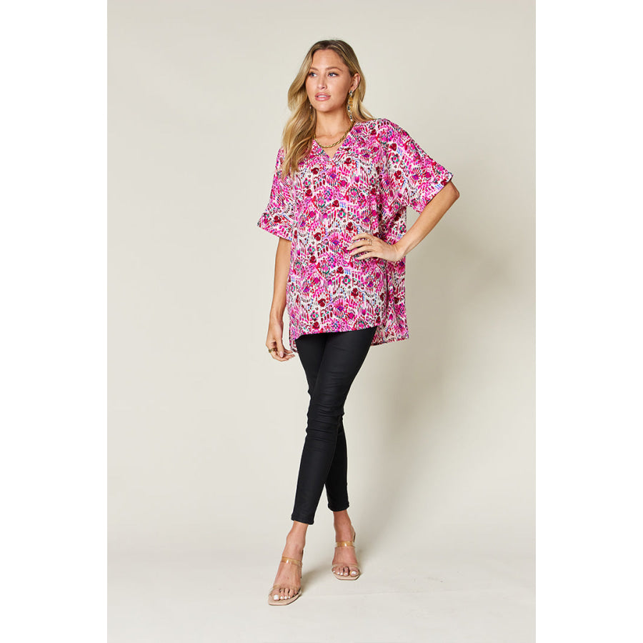 Double Take Full Size Printed V-Neck Short Sleeve Blouse Apparel and Accessories