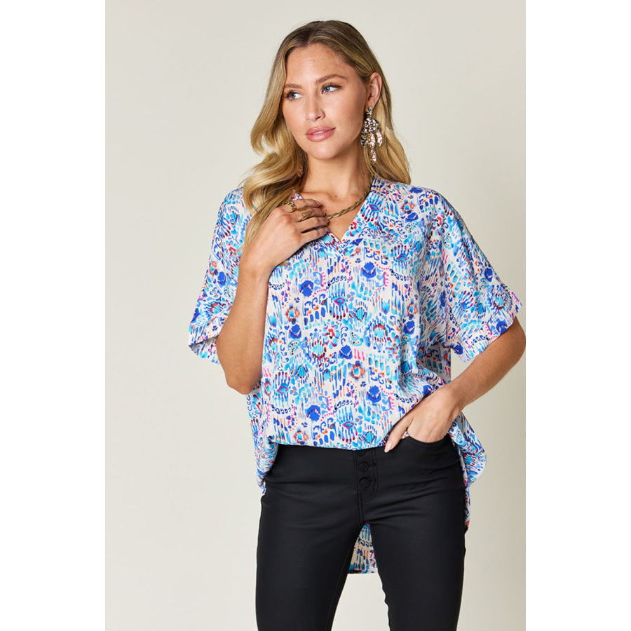 Double Take Full Size Printed V-Neck Short Sleeve Blouse Apparel and Accessories