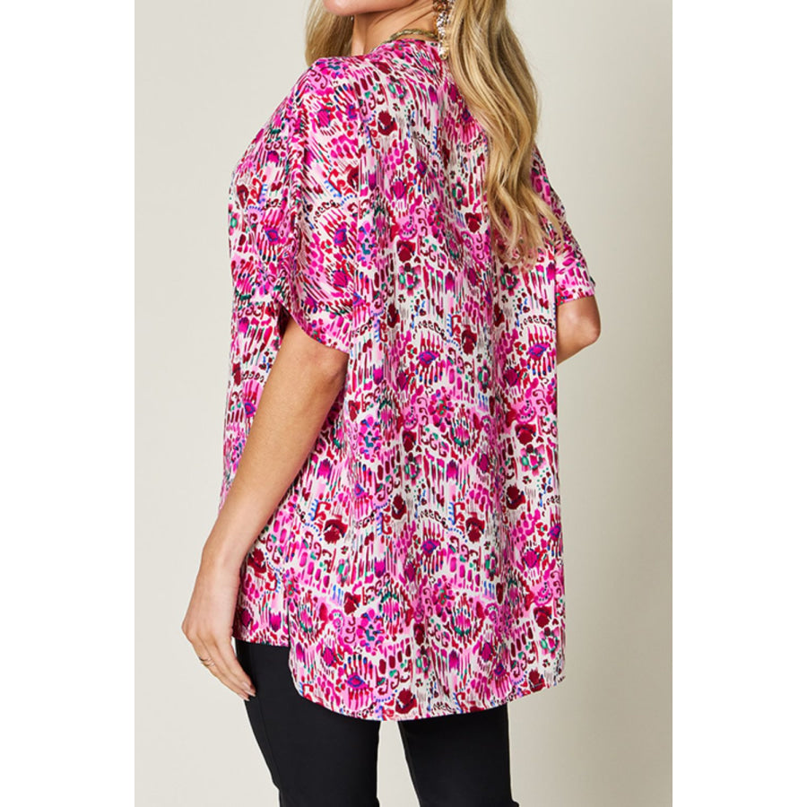 Double Take Full Size Printed V-Neck Short Sleeve Blouse Apparel and Accessories