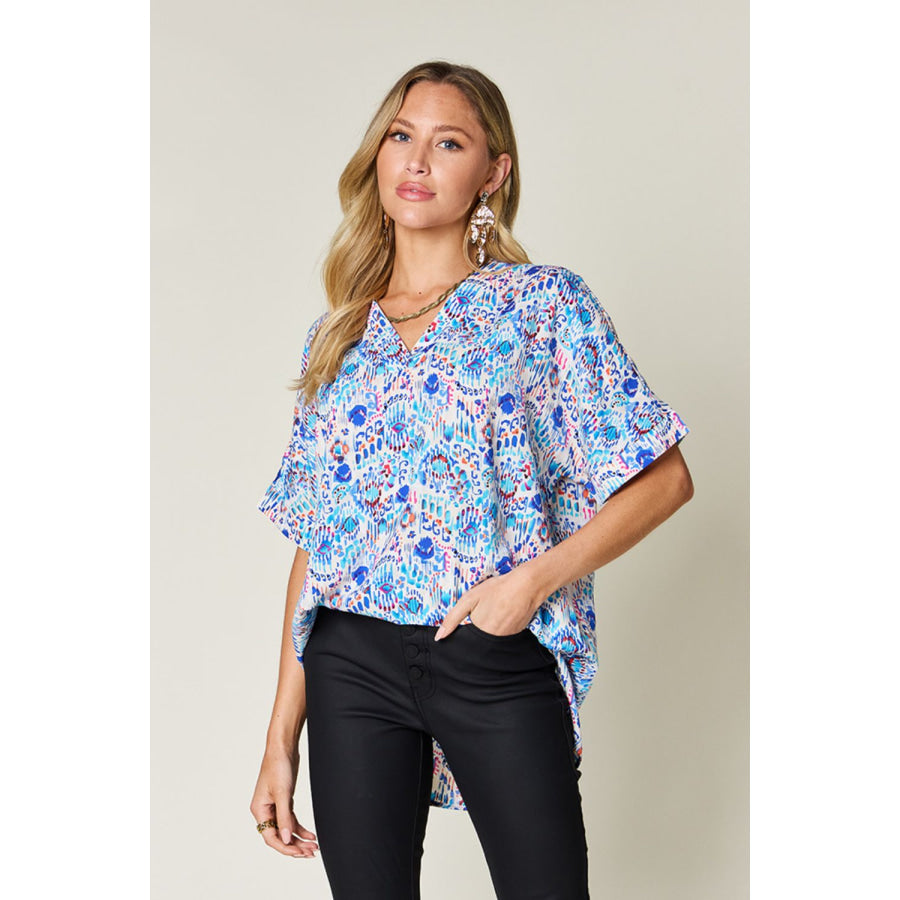 Double Take Full Size Printed V-Neck Short Sleeve Blouse Sky Blue / S Apparel and Accessories