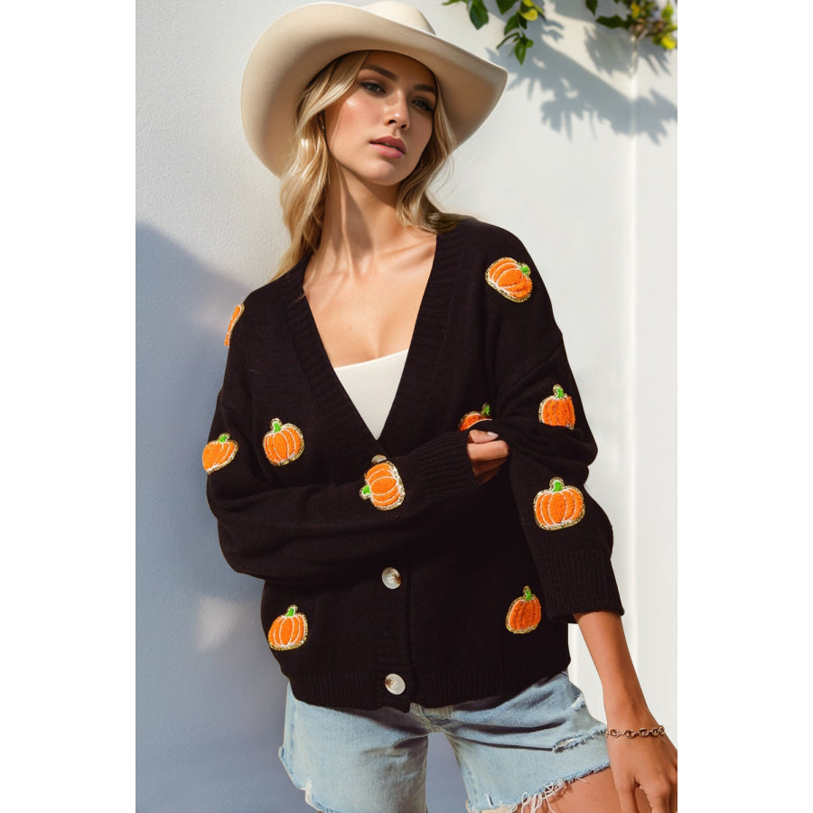 Double Take Full Size Pumpkin Button Up Long Sleeve Cardigan Black / S/M Apparel and Accessories