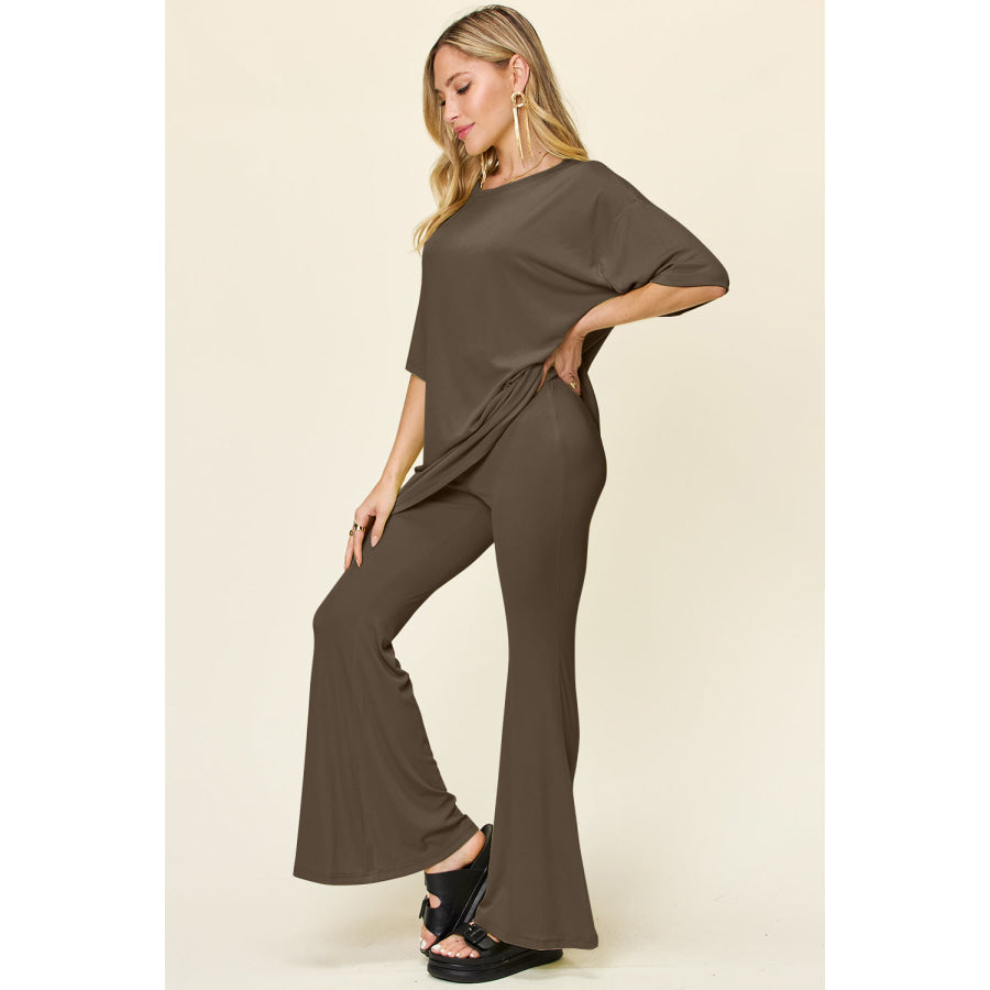 Double Take Full Size Round Neck Drop Shoulder T-Shirt and Flare Pants Set Apparel and Accessories