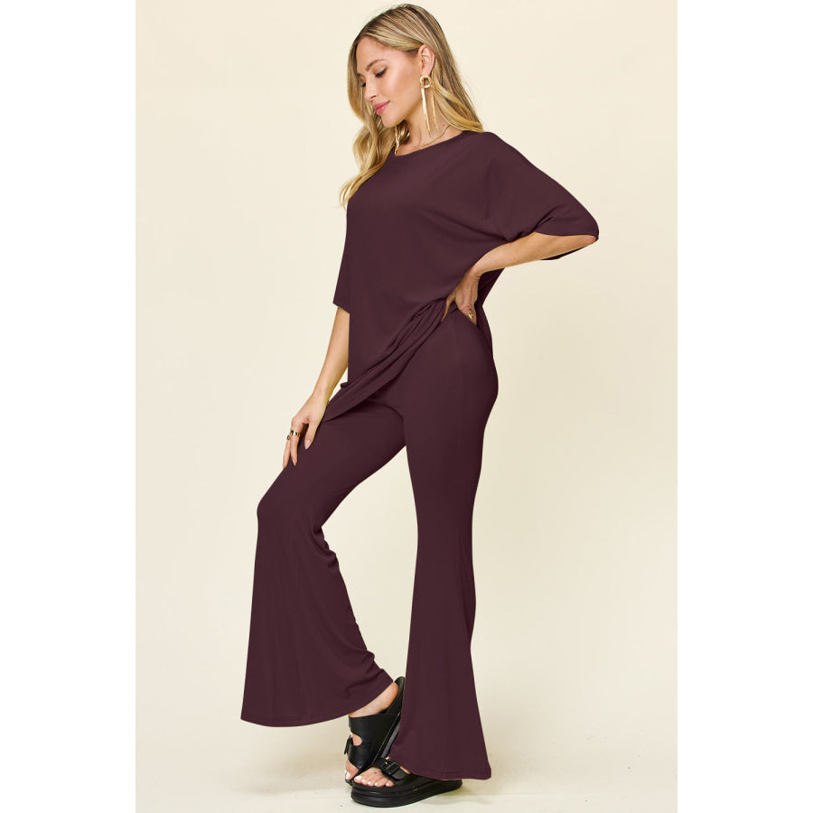 Double Take Full Size Round Neck Drop Shoulder T-Shirt and Flare Pants Set Apparel and Accessories