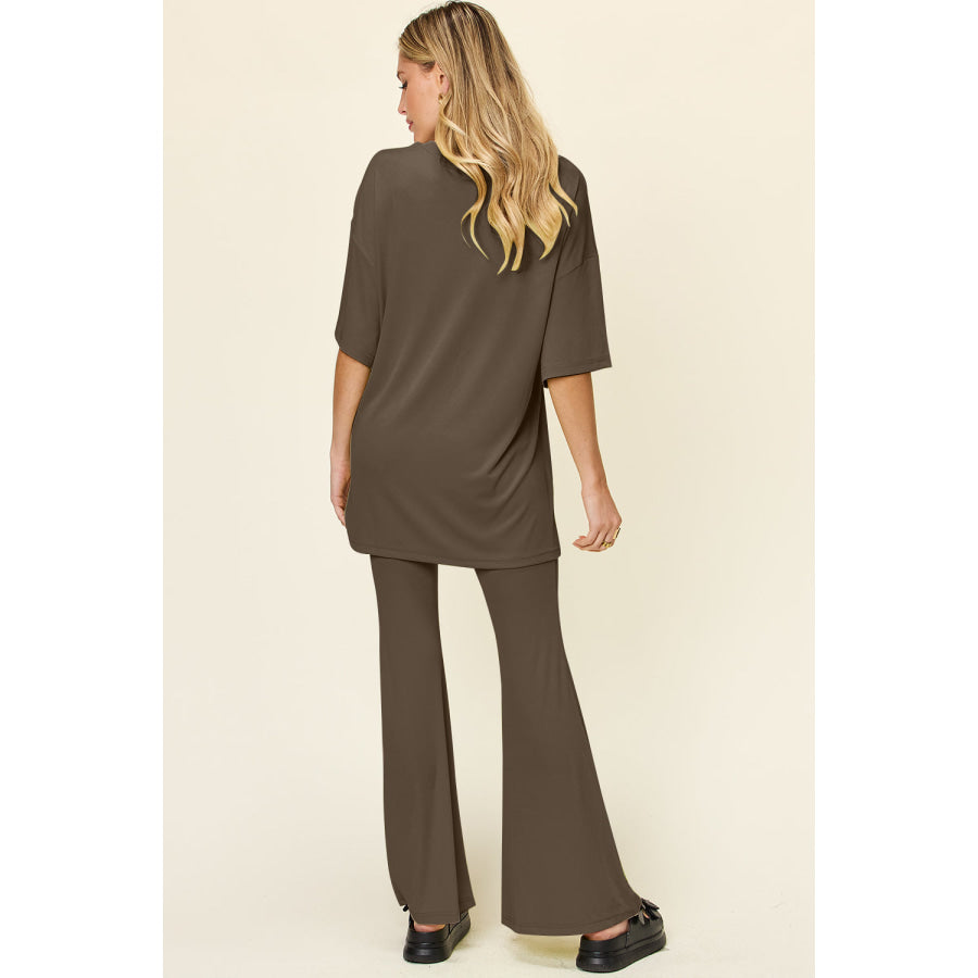 Double Take Full Size Round Neck Drop Shoulder T-Shirt and Flare Pants Set Apparel and Accessories