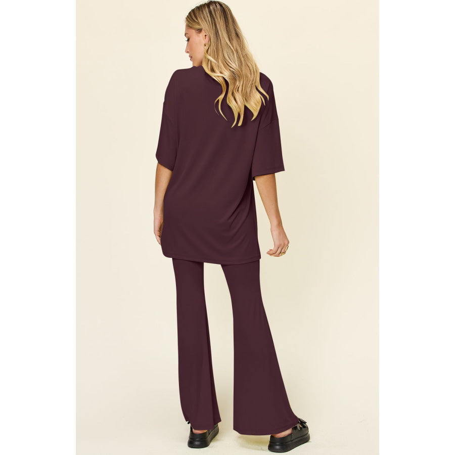 Double Take Full Size Round Neck Drop Shoulder T-Shirt and Flare Pants Set Apparel and Accessories