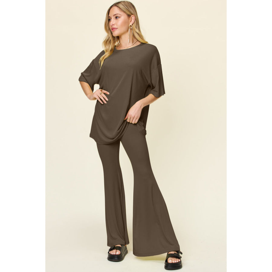 Double Take Full Size Round Neck Drop Shoulder T-Shirt and Flare Pants Set Apparel and Accessories