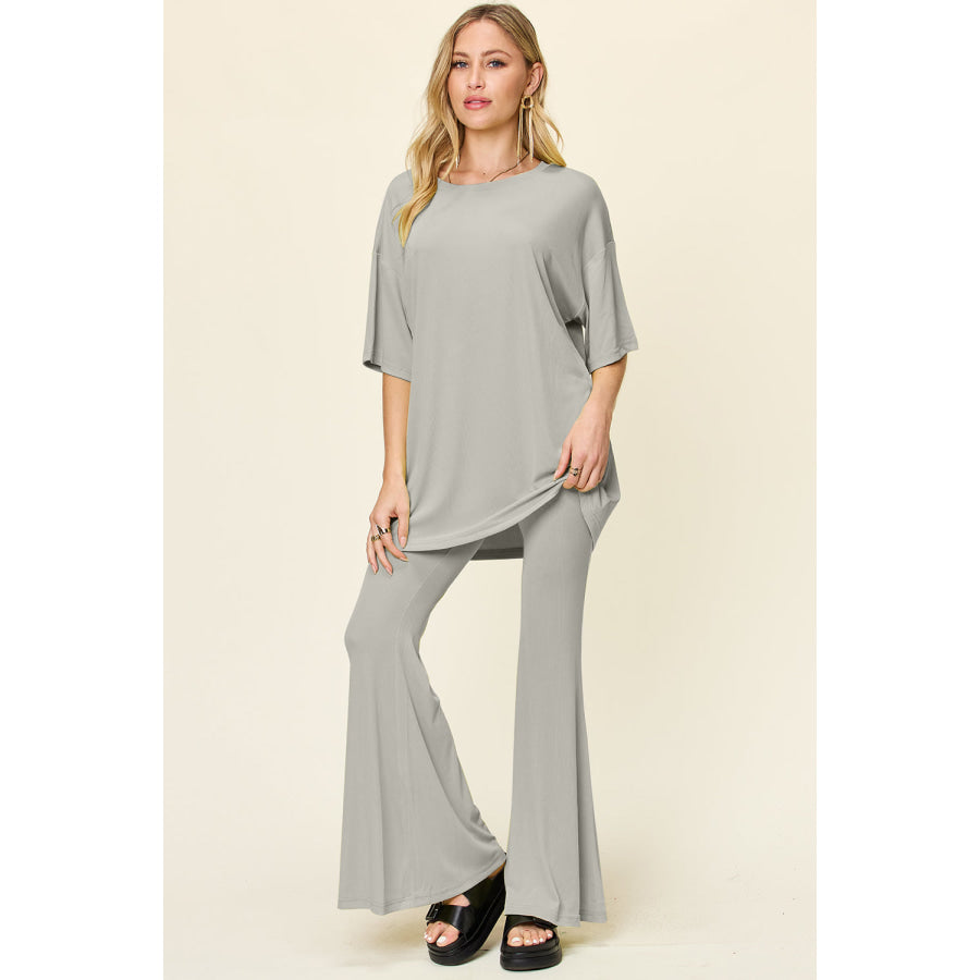 Double Take Full Size Round Neck Drop Shoulder T-Shirt and Flare Pants Set Apparel and Accessories