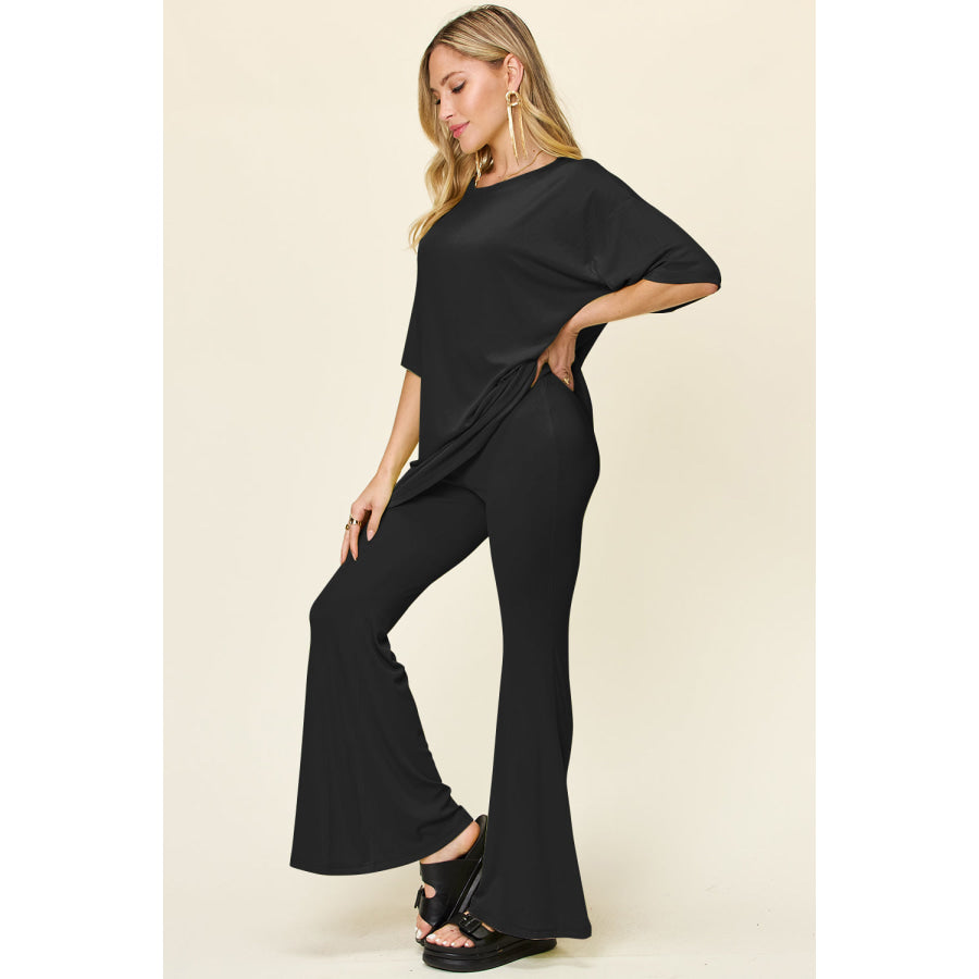 Double Take Full Size Round Neck Drop Shoulder T-Shirt and Flare Pants Set Apparel and Accessories