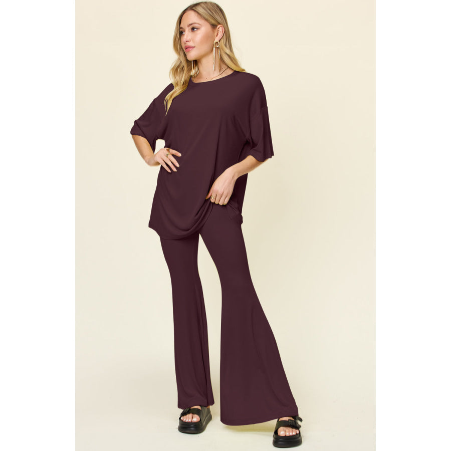 Double Take Full Size Round Neck Drop Shoulder T-Shirt and Flare Pants Set Apparel and Accessories