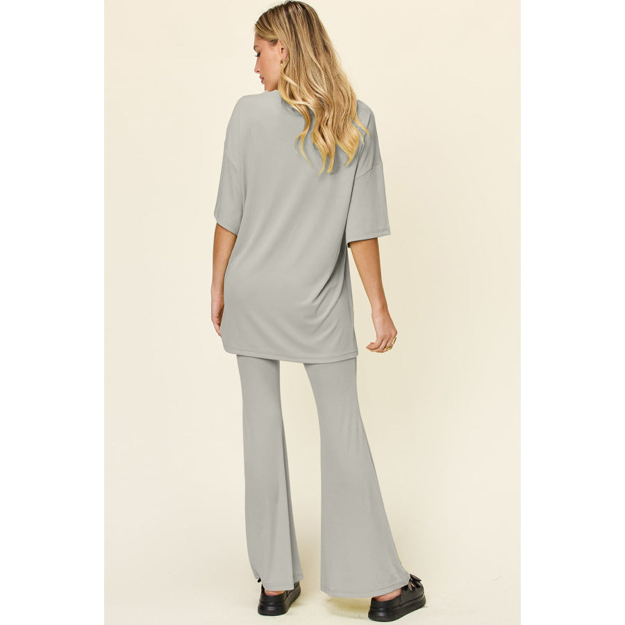 Double Take Full Size Round Neck Drop Shoulder T-Shirt and Flare Pants Set Apparel and Accessories