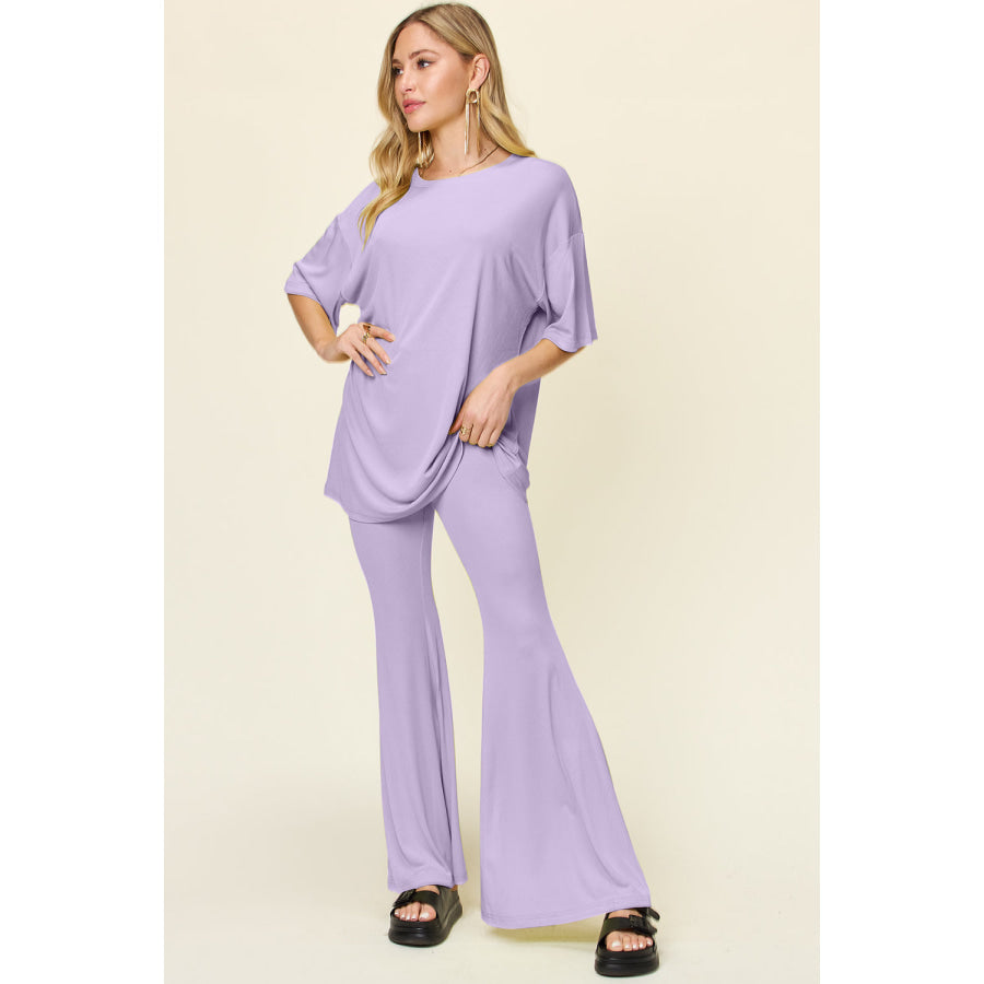 Double Take Full Size Round Neck Drop Shoulder T-Shirt and Flare Pants Set Apparel and Accessories