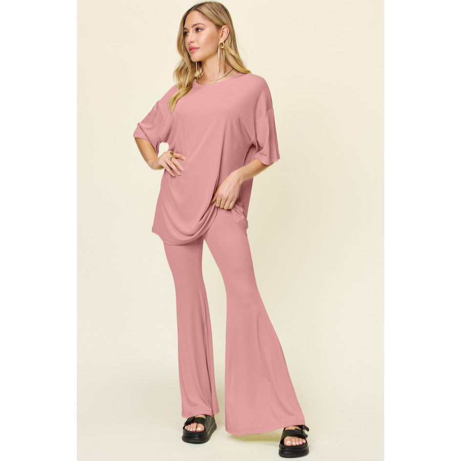 Double Take Full Size Round Neck Drop Shoulder T-Shirt and Flare Pants Set Apparel and Accessories