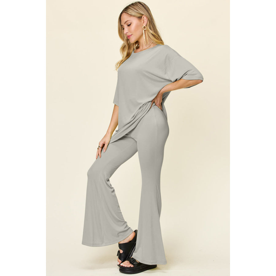 Double Take Full Size Round Neck Drop Shoulder T-Shirt and Flare Pants Set Apparel and Accessories