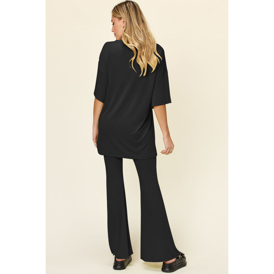 Double Take Full Size Round Neck Drop Shoulder T-Shirt and Flare Pants Set Apparel and Accessories